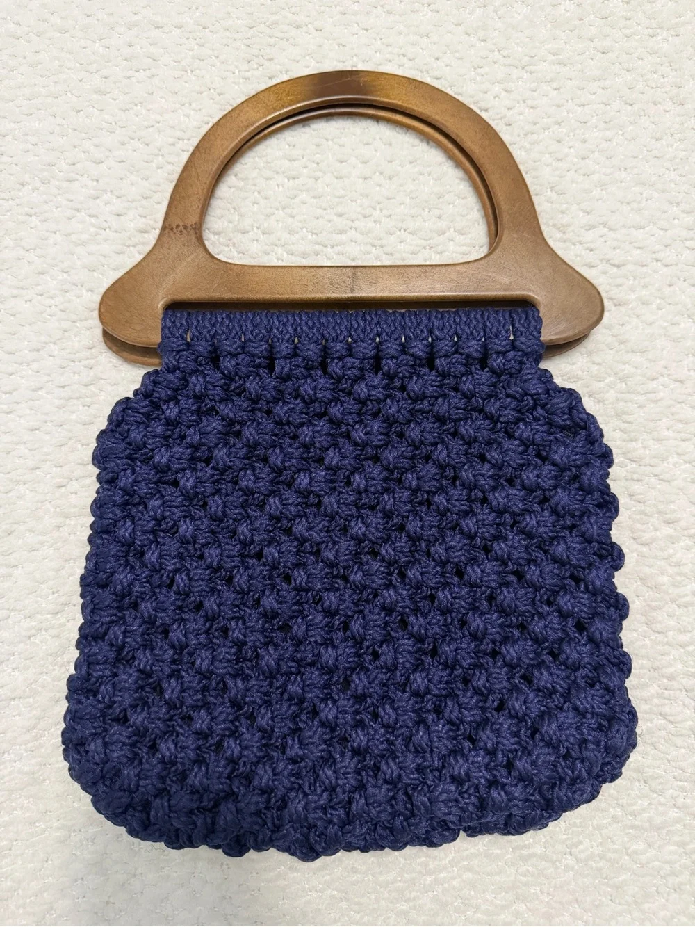 Vintage Handmade Macrame Handbag Brown Wood Handles Blue Purse - Picture 6 of 10